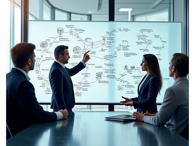 Leadership team in a modern office using a whiteboard for strategic planning, illustrating talent strategy development.